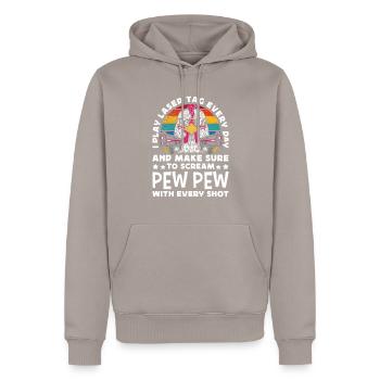 Retro Laser Tag Huhn Pew Pew Lasertag Spieler - Männer Premium Bio Hoodie - Taupe - Vorne - Nico (187cm)