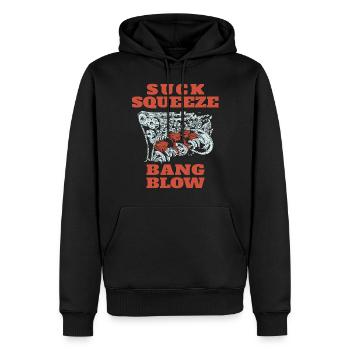 Suck Squeeze Bang Blow Funny Mechanic Quote - Men’s Premium Organic Hoodie - black - Front - Nico (187cm)