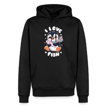 Mignon pingouin kawaii amateur de poissons - J’adore - Sweat à capuche Premium bio Homme - noir - Devant - Nico (187cm)
