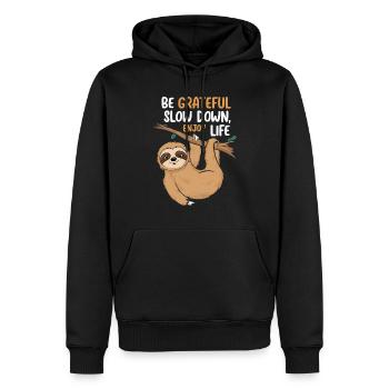 Sei Dankbar, Entschleunige, Genieße Das Leben - - Männer Premium Bio Hoodie - Schwarz - Vorne - Nico (187cm)