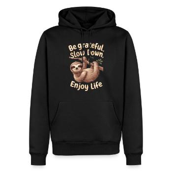 Sei Dankbar, Entschleunige, Genieße das Leben - - Männer Premium Bio Hoodie - Schwarz - Vorne - Nico (187cm)