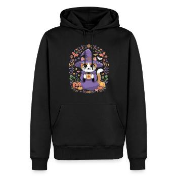 Chat sorcière d'Halloween avec des citrouilles - Sweat à capuche Premium bio Homme - noir - Devant - Nico (187cm)