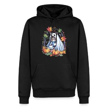 Chat d'Halloween en costume de fantôme avec des citrouilles - Sweat à capuche Premium bio Homme - noir - Devant - Nico (187cm)