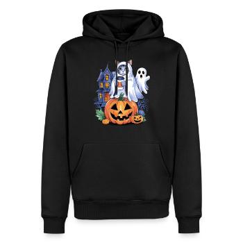 Chat d'Halloween avec citrouille et fantôme - Sweat à capuche Premium bio Homme - noir - Devant - Nico (187cm)