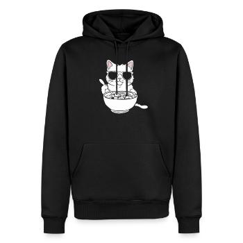 Chat avec des lunettes de soleil mangeant des céréales - Sweat à capuche Premium bio Homme - noir - Devant - Nico (187cm)