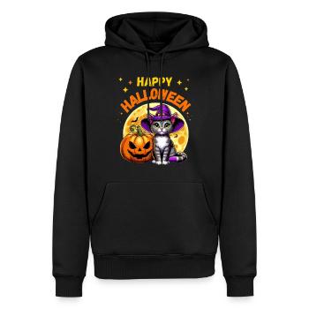 Le chat avec un chapeau de sorcière et une citrouille célèbre Halloween - Sweat à capuche Premium bio Homme - noir - Devant - Nico (187cm)