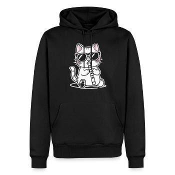 Cat with sunglasses playing flute - Men’s Premium Organic Hoodie - black - Front - Nico (187cm)