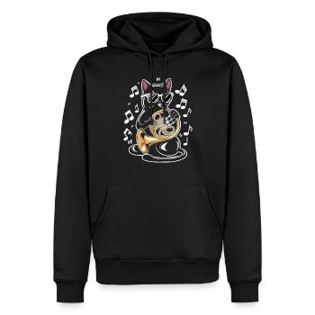 Chat avec des lunettes de soleil jouant du cor - Chat portant - Sweat à capuche Premium bio Homme - noir - Devant - Nico (187cm)