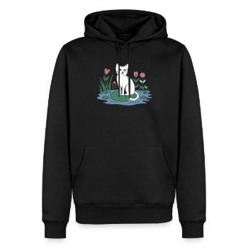 Chat cottagecore sur nénuphar dans le jardin - Sweat à capuche Premium bio Homme - noir - Devant - Nico (187cm)