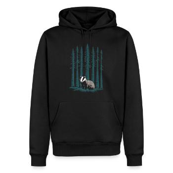 Cottagecore Waldszene mit Dachs und Tannen - Männer Premium Bio Hoodie - Schwarz - Vorne - Nico (187cm)