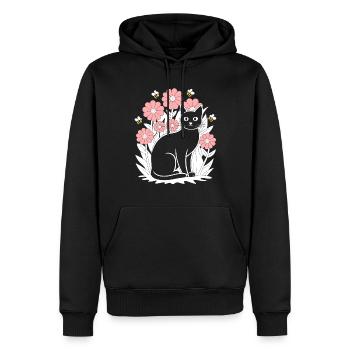 Cottagecore Idylle: Schwarze Katze mit Blumen und - Männer Premium Bio Hoodie - Schwarz - Vorne - Nico (187cm)