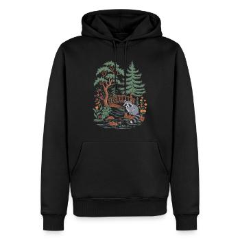 Cottagecore Waldlandschaft mit Waschbär und Brücke - Männer Premium Bio Hoodie - Schwarz - Vorne - Nico (187cm)