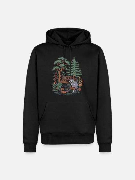 Cottagecore Waldlandschaft mit Waschbär und Brücke - Männer Premium Bio Hoodie - Schwarz