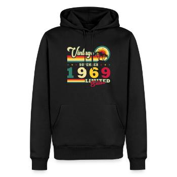 Noviembre 1969 Vintage Gift - Nacido en... - Sudadera con capucha prémium ecológica para hombre - negro - delante - Nico (187cm)