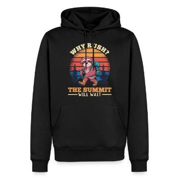 Sloth Hiking Mountains Why rush? - Männer Premium Bio Hoodie - Schwarz - Vorne - Nico (187cm)