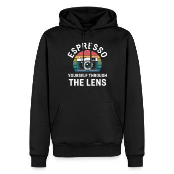 Déplier à travers l’objectif Photographe - Sweat à capuche Premium bio Homme - noir - Devant - Nico (187cm)