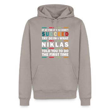 Niklas Name Personalized Funny Birthday xmas - Men’s Premium Organic Hoodie - taupe - Front - Nico (187cm)