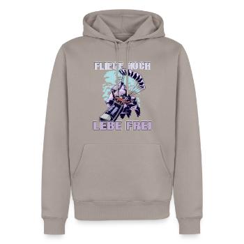 Voler haut, vivre en liberté - Le dicton du parapente - Sweat à capuche Premium bio Homme - taupe - Devant - Nico (187cm)