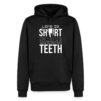 La vie est courte, souriez pendant que vous avez encore des dents - Sweat à capuche Premium bio Homme - noir - Devant - Nico (187cm)