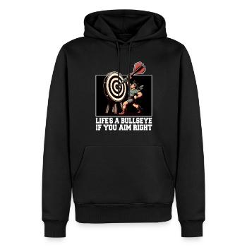DAS LEBEN IST EIN VOLLTREFFER, WENN MAN RICHTIG ZIELT - Männer Premium Bio Hoodie - Schwarz - Vorne - Nico (187cm)