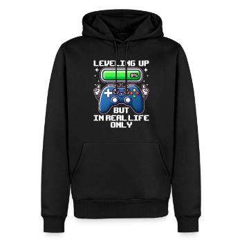 LEVELAUFSTEIGEN, ABER NUR IM ECHTEN LEBEN - Männer Premium Bio Hoodie - Schwarz - Vorne - Nico (187cm)
