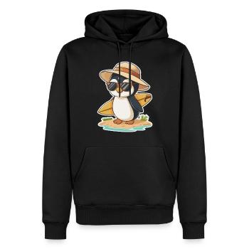 Sonniger Pinguin Surfer am Strand - Männer Premium Bio Hoodie - Schwarz - Vorne - Nico (187cm)