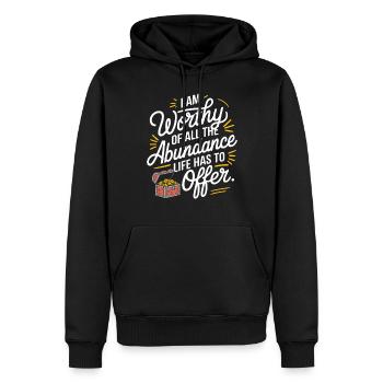 Citation sur la manifestation de l’abondance : Je le vaux bien - Sweat à capuche Premium bio Homme - noir - Devant - Nico (187cm)
