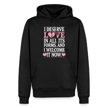 Citation de l’abondance manifeste : Je mérite l’amour dans - Sweat à capuche Premium bio Homme - noir - Devant - Nico (187cm)