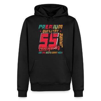 55 Jahre Jubiläum 55 Jahre: Das Beste kommt erst - Männer Premium Bio Hoodie - Schwarz - Vorne - Nico (187cm)