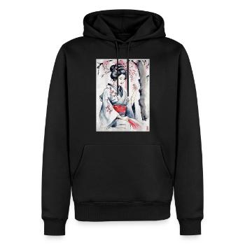 Geisha aquarelle - Sweat à capuche Premium bio Homme - noir - Devant - Nico (187cm)