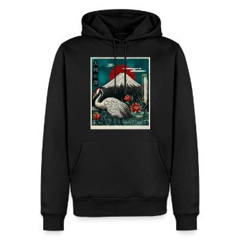 Grue couronnée rouge et mont Fuji - Sweat à capuche Premium bio Homme - noir - Devant - Nico (187cm)