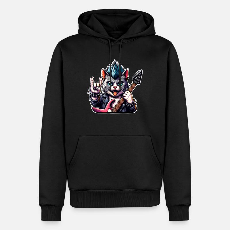 Katze Rock and Roll Gitarrist - Männer Premium Bio Hoodie - Schwarz