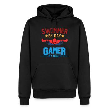 Schwimmer am Tag Gamer bei Nacht - Männer Premium Bio Hoodie - Schwarz - Vorne - Nico (187cm)