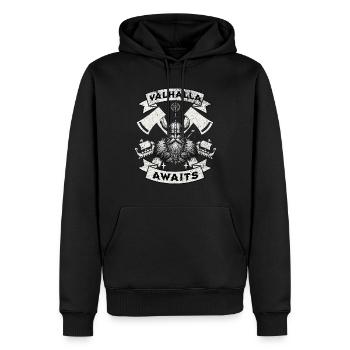 Valhalla Awaits – Wikinger Krieger Design - Männer Premium Bio Hoodie - Schwarz - Vorne - Nico (187cm)