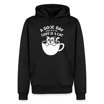 Chaton matin café et chat - Sweat à capuche Premium bio Homme - noir - Devant - Nico (187cm)