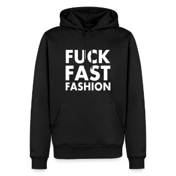 Fuck fast fashion - Herre Premium økologisk hoodie - sort - Foran - Nico (187cm)