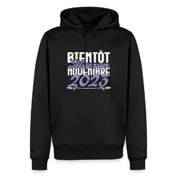 Annonce grossesse. bientôt Maman Novembre 2023.mam - Sweat à capuche Premium bio Homme - noir - Devant - Nico (187cm)