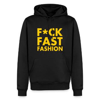 Fuck fast fashion - Herre Premium økologisk hoodie - sort - Foran - Nico (187cm)