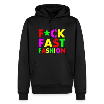 Fuck fast fashion - Herre Premium økologisk hoodie - sort - Foran - Nico (187cm)