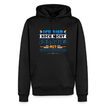 Ich war noch nicht fertig mit Wochenende - Männer Premium Bio Hoodie - Schwarz - Vorne - Nico (187cm)