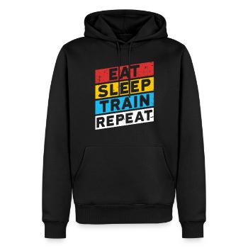 TRAINIEREN | EAT SLEEP TRAIN REPEAT - Männer Premium Bio Hoodie - Schwarz - Vorne - Nico (187cm)