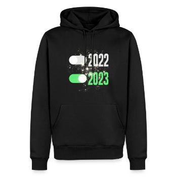 2022 AUS - 2023 EIN - Männer Premium Bio Hoodie - Schwarz - Vorne - Nico (187cm)