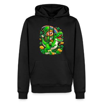 Irisches Glück: T-Rex & Kobold Regenbogenfest - Männer Premium Bio Hoodie - Schwarz - Vorne - Nico (187cm)