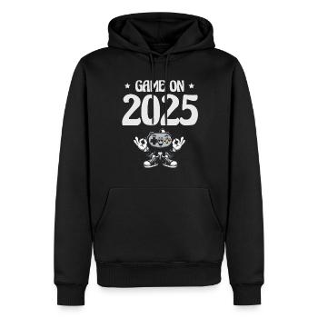 Game On 2025, gaming enthusiasm, New Year's spirit - Men’s Premium Organic Hoodie - black - Front - Nico (187cm)