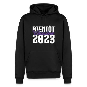 Cadeau Annonce grossesse bientôt Cousine 2023. - Sweat à capuche Premium bio Homme - noir - Devant - Nico (187cm)