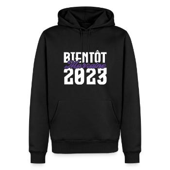 Cadeau Annonce grossesse bientôt Marraine 2023. - Sweat à capuche Premium bio Homme - noir - Devant - Nico (187cm)