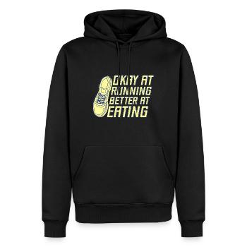 Courir bien en courant Mieux manger Marathon - Sweat à capuche Premium bio Homme - noir - Devant - Nico (187cm)