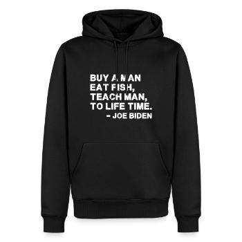 Acheter un homme, manger du poisson, enseigner à l’homme - Sweat à capuche Premium bio Homme - noir - Devant - Nico (187cm)