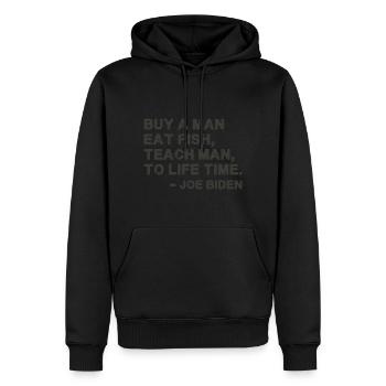 Acheter un homme, manger du poisson, enseigner à l’homme - Sweat à capuche Premium bio Homme - noir - Devant - Nico (187cm)
