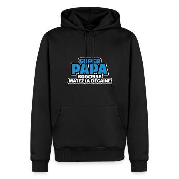 cadeau papa - super papa bogosse matez la dégaine - Sweat à capuche Premium bio Homme - noir - Devant - Nico (187cm)
